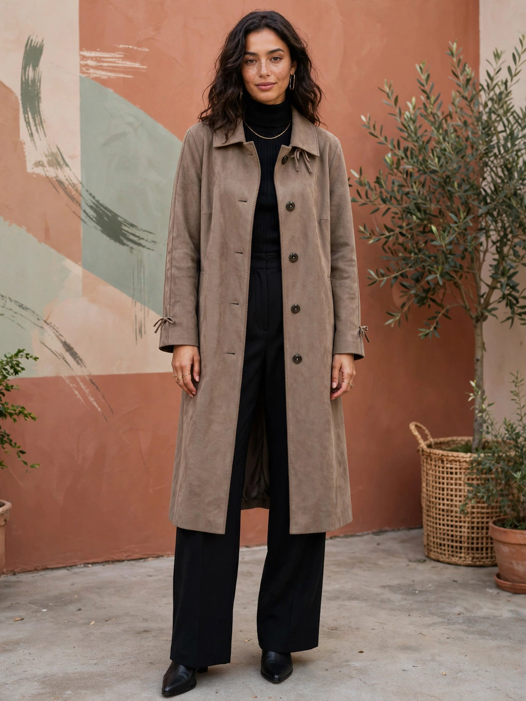Taupe Faux Suede Long Trench Coat - Size 42