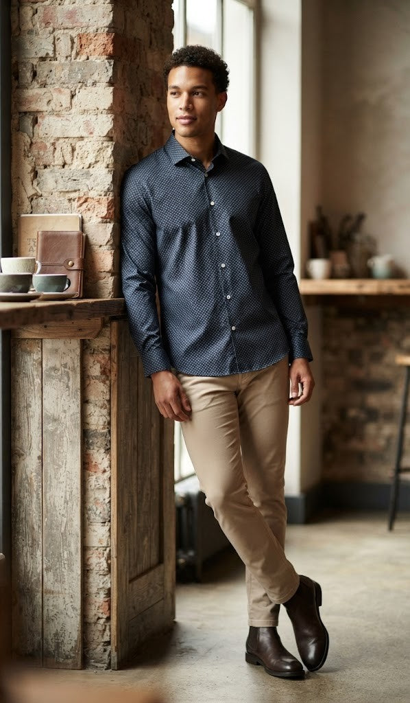 Studio W Men’s Patterned Button-Down Shirt – Navy & White Geometric Print – Size XL – Pre-Loved