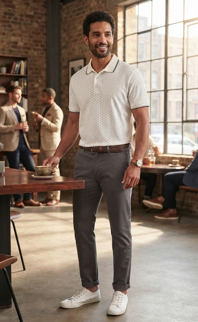 Pre-Loved David Jones Organic Cotton Polo – White with Subtle Pattern, Size L