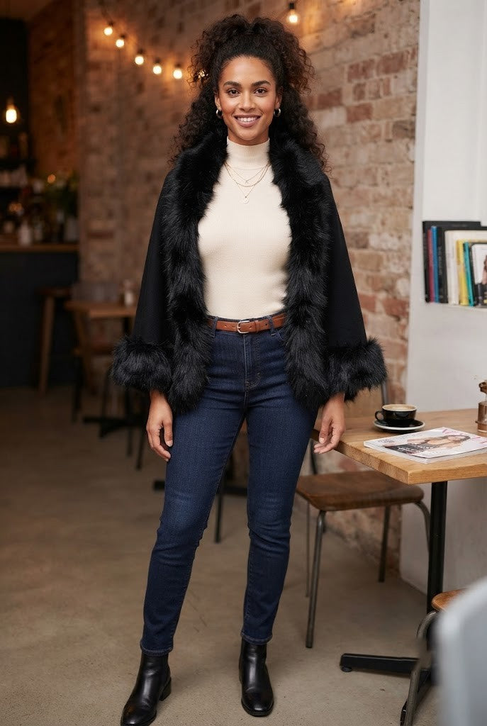 Pre-Loved Elegant Black Faux Fur Trim Shawl - Medium