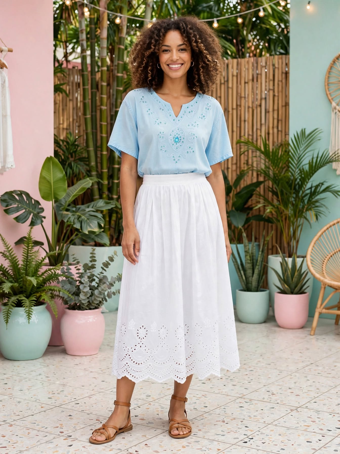 Light Blue Embroidered Boho Blouse - Size 2XL