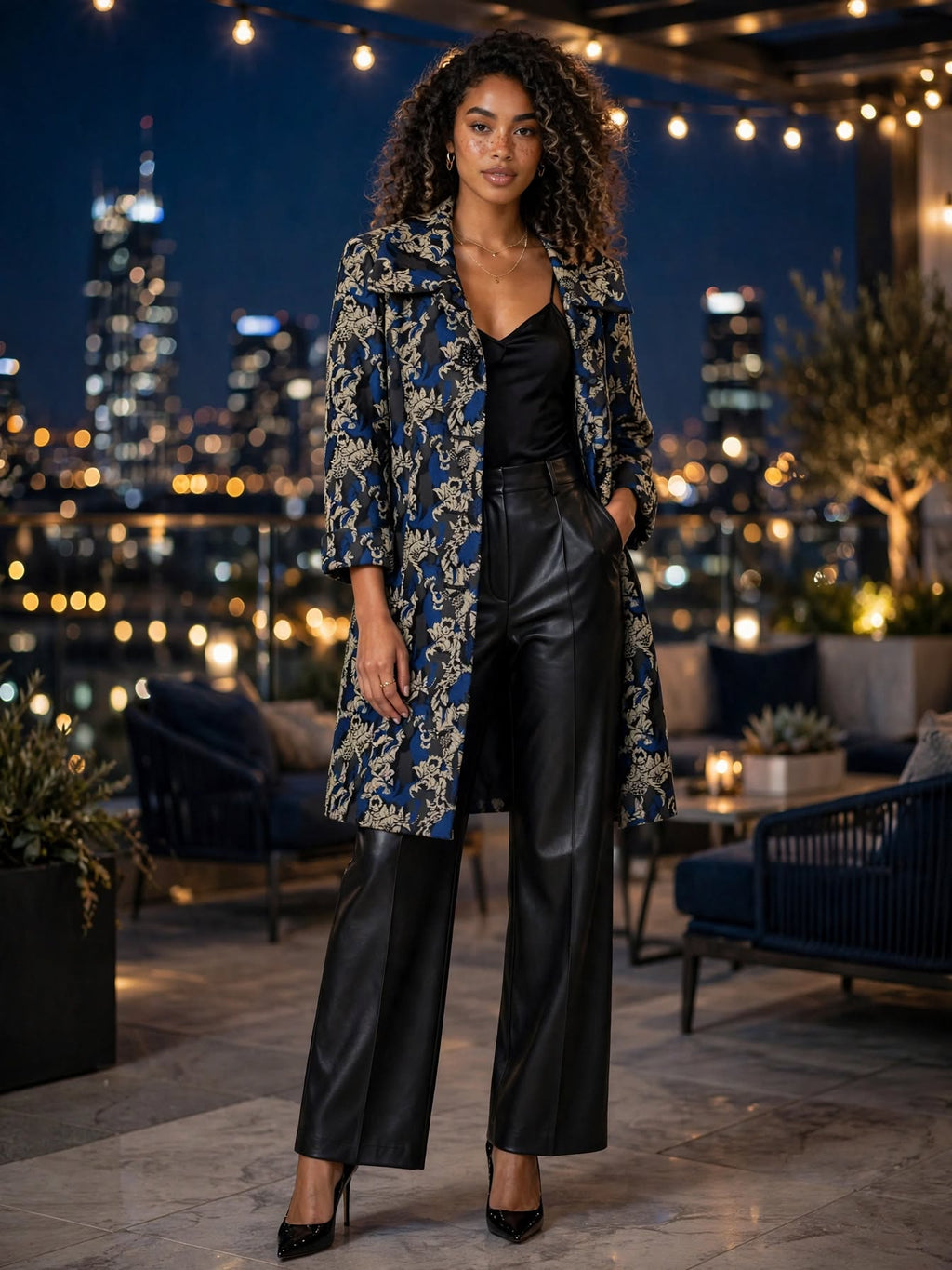 Queenspark Longline Baroque Brocade Blue & Taupe Coat Jacket - Size 36