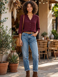 Burgundy Henley Blouse - Size 40