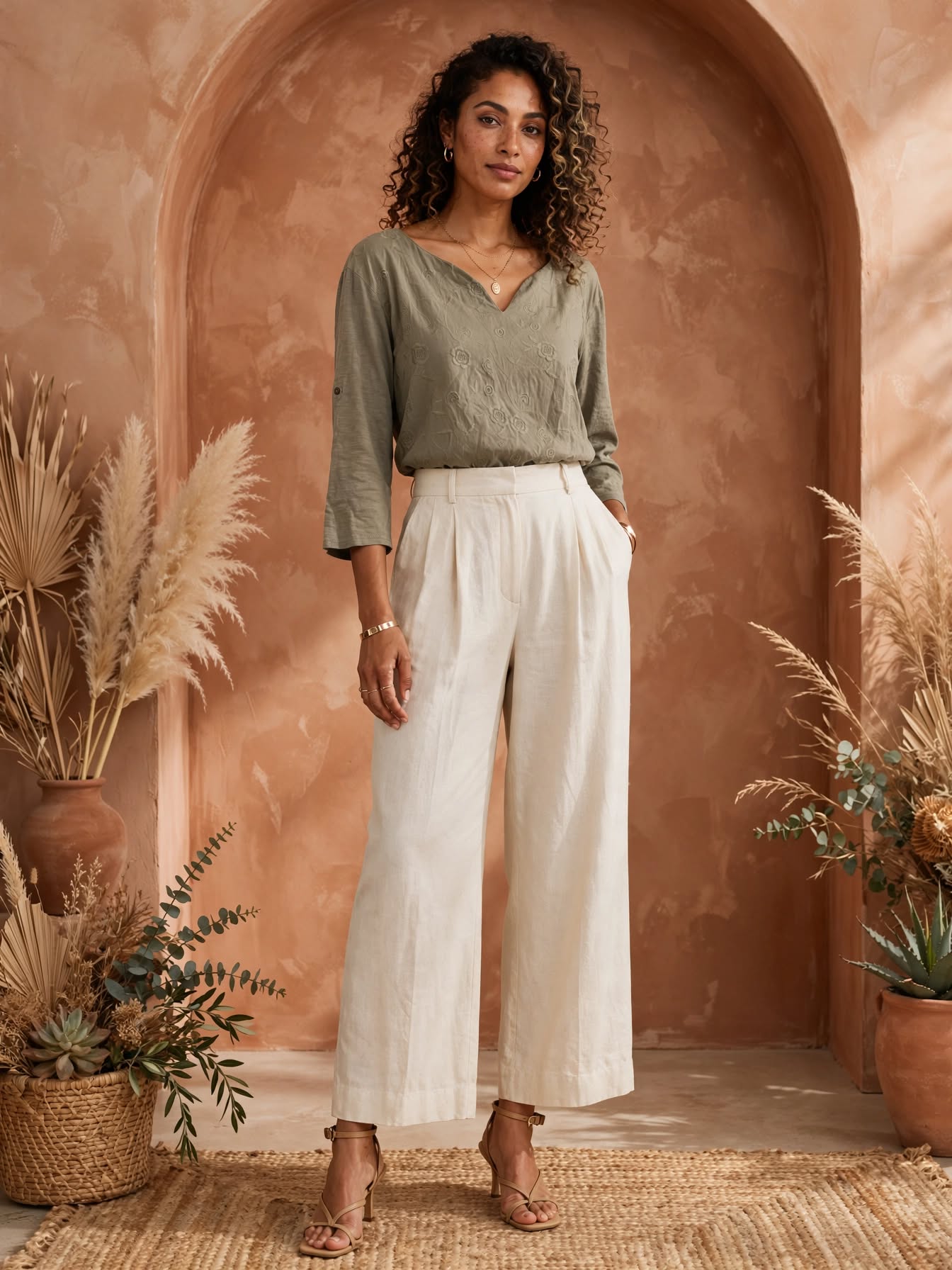 Olive Khaki Embroidered Tie-Back Blouse - Size XL
