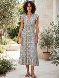 Cream & Navy Ditsy Floral Midi Boho Wrap Dress with Ruffle Sleeves  - Size 32