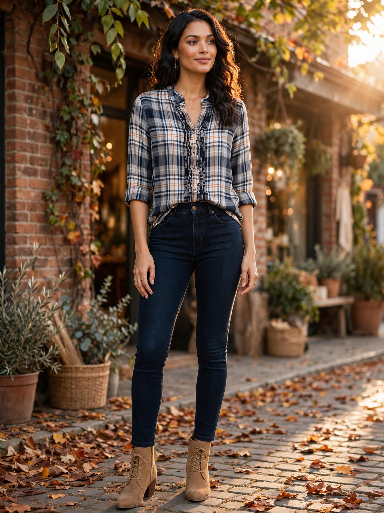 Old Khaki Plaid Ruffle Front Blouse - Size 36