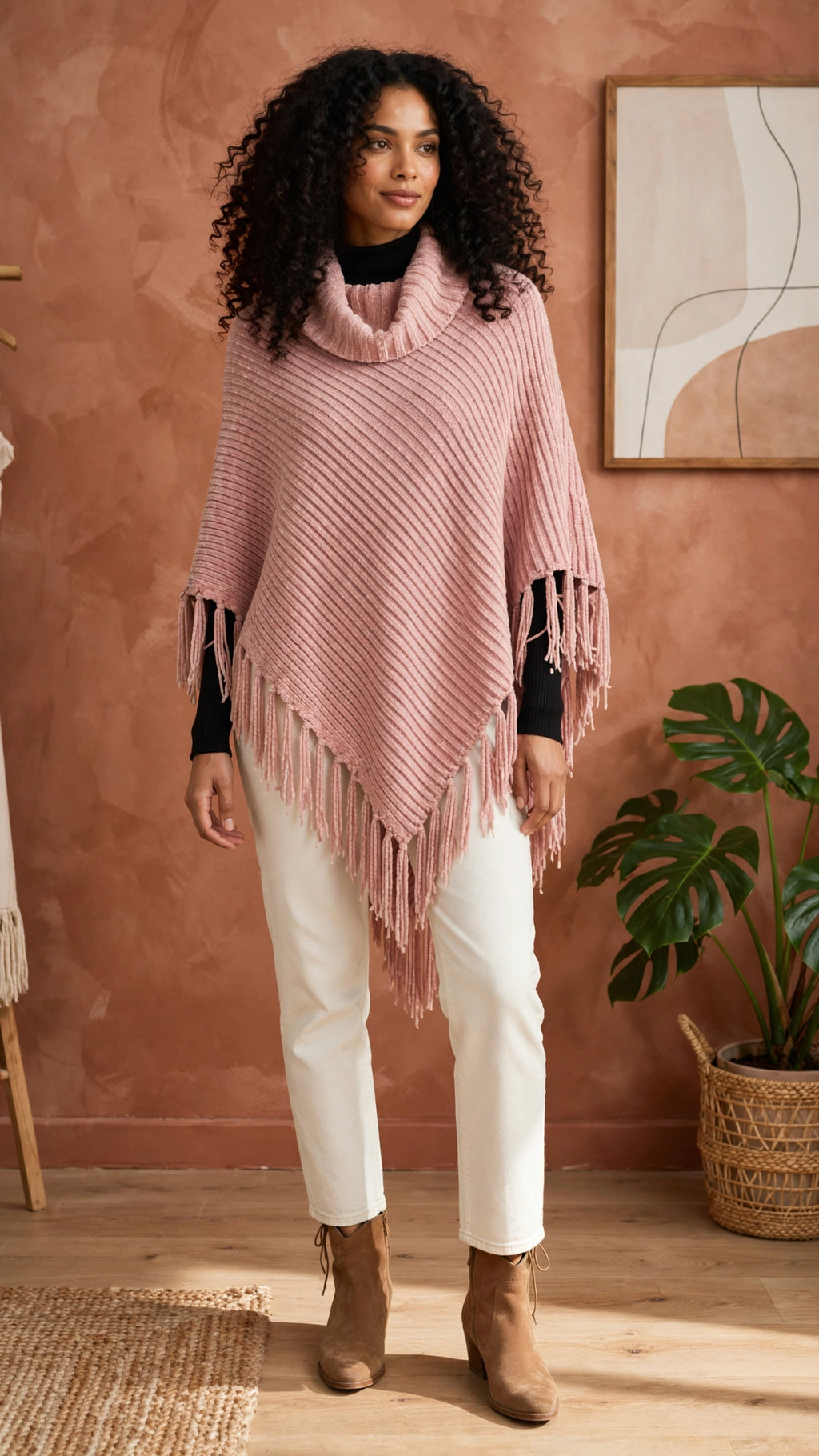 Dusty Pink Chenille Fringe Poncho - Cowl Neck - Size XL
