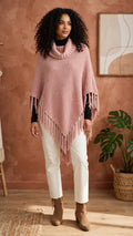 Dusty Pink Chenille Fringe Poncho - Cowl Neck - Size XL