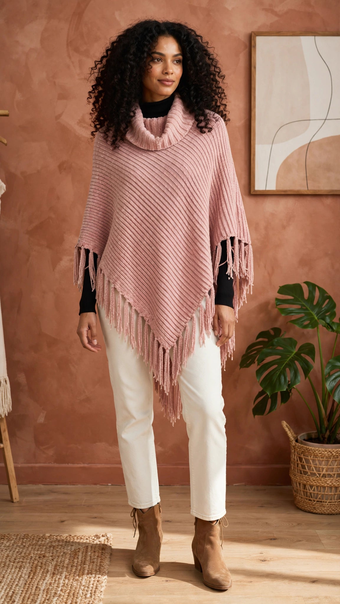 Dusty Pink Chenille Fringe Poncho - Cowl Neck - Size XL