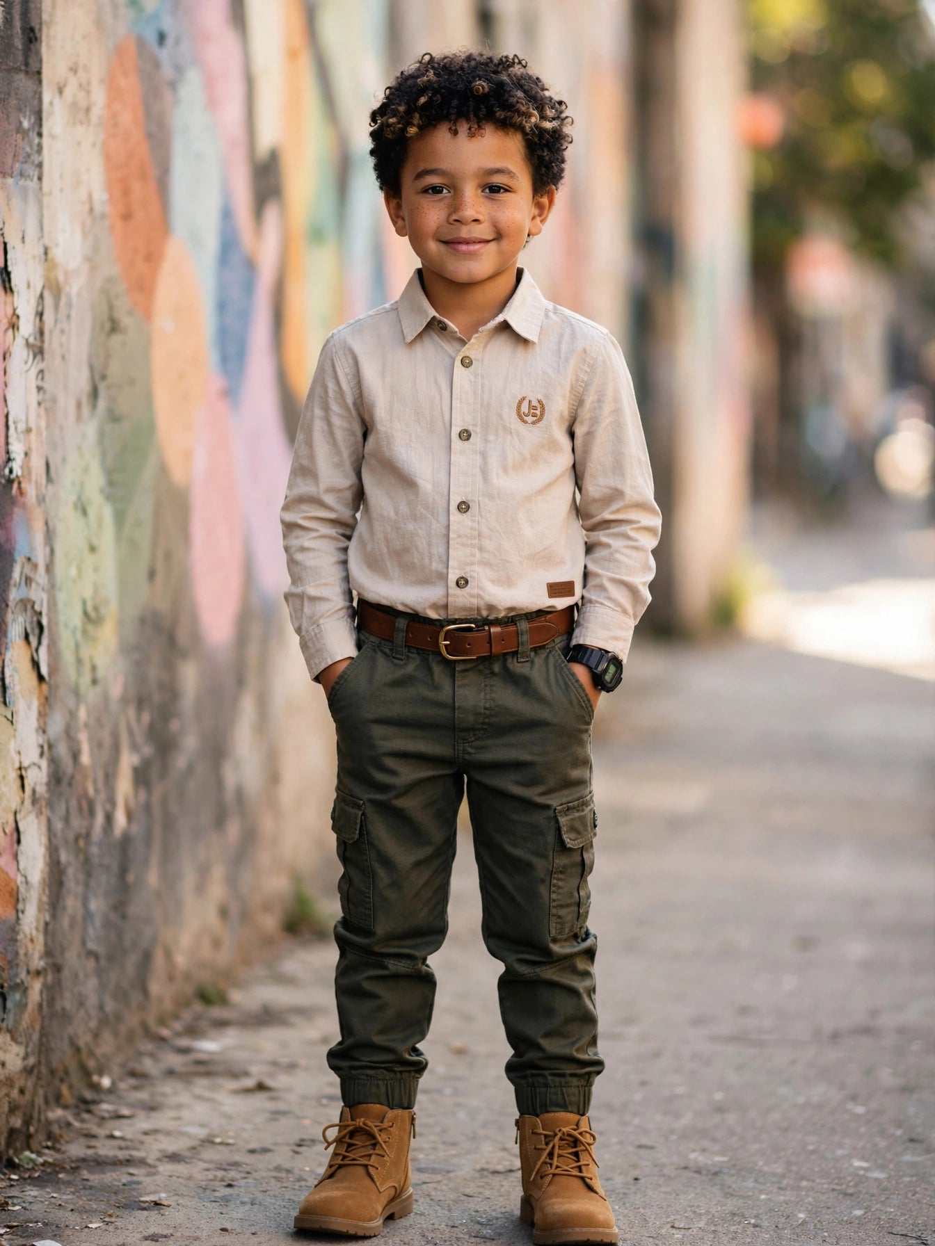Boys Beige 100% Cotton Long Sleeve Button-Up Shirt | Size 5-6 Years