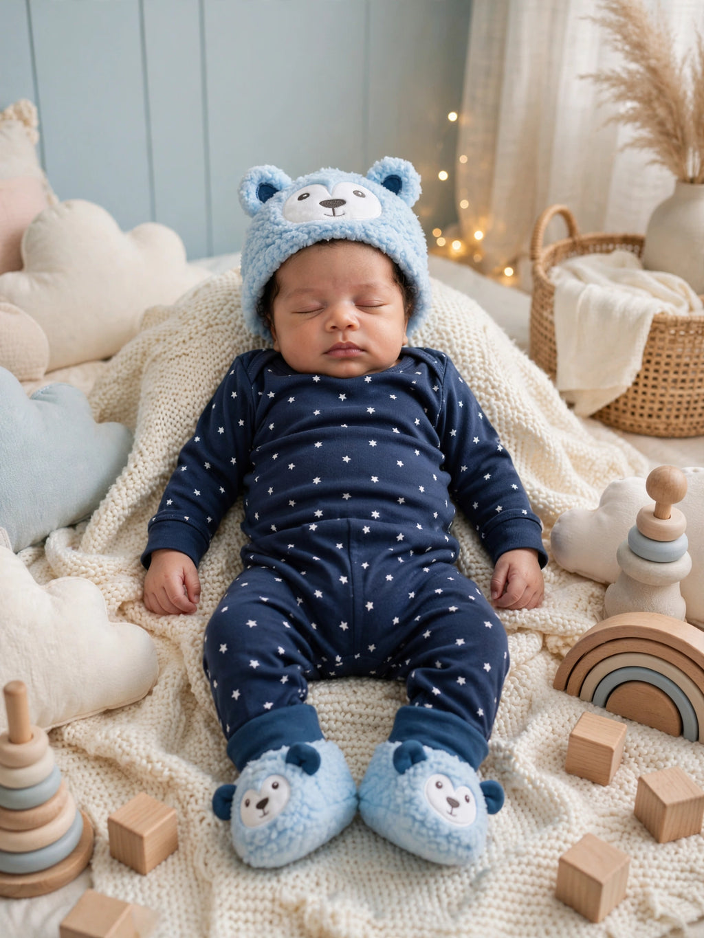 Jollytots Baby Bear Hat & Booties Set - Light Blue - 0 to 6 Months