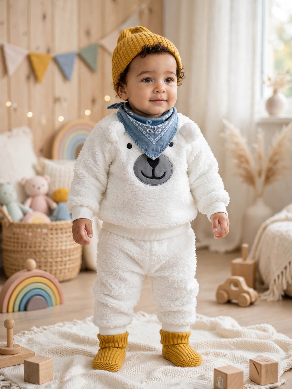 White Polar Bear Sherpa 2-Piece Set - Fluffy Sweater & Jogger Pants | 6-12 Month