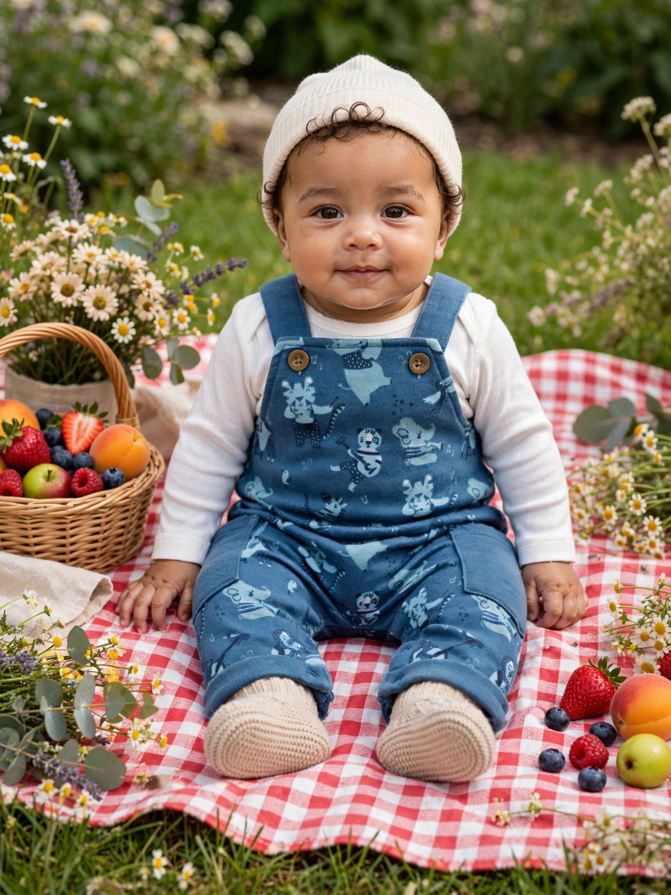 Woolies Babes Baby Denim Dungaree Jumpsuit - Animal Band Print | 0-3 Months