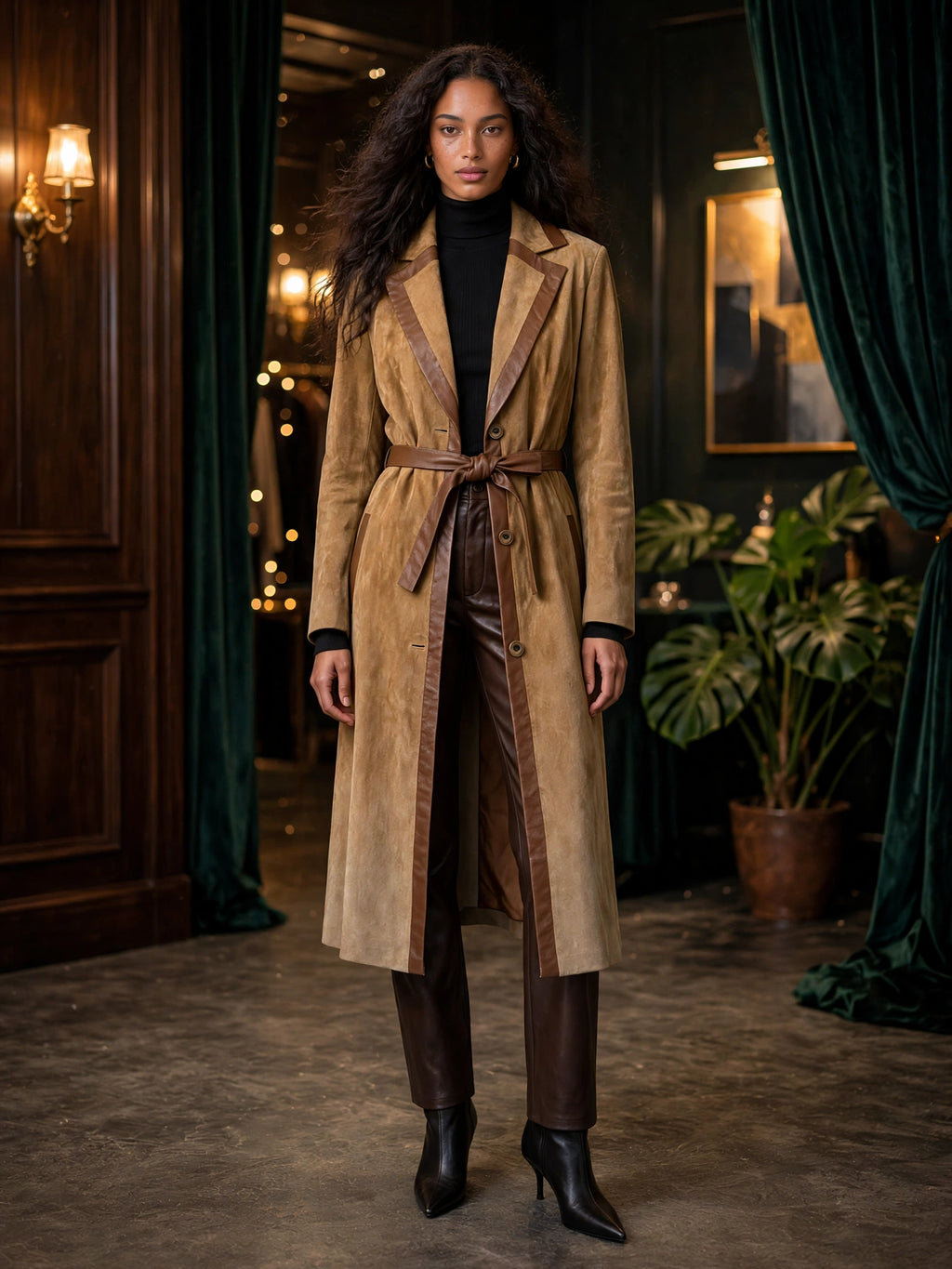 Vintage 70s Camel Suede Trench Coat with Chocolate Leather Trim - Size Medium
