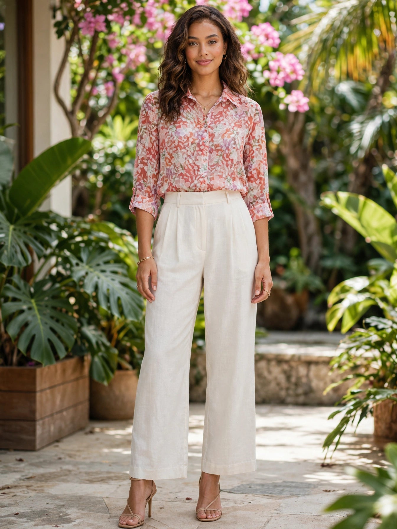 Miladys Coral Pink Floral Sheer Blouse - Size 38
