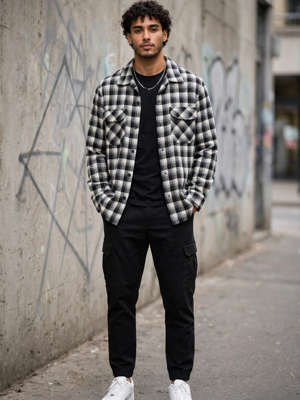 Men's Pendleton Wood Mills Buffalo Checked Black & White Long Sleeve Shirt - Size Medium