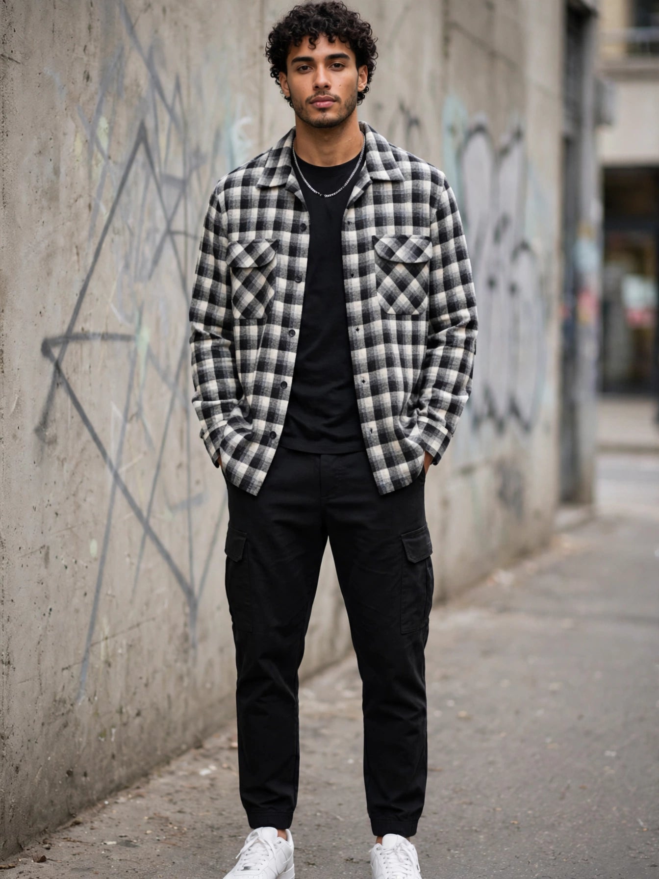 Men's Pendleton Wood Mills Buffalo Checked Black & White Long Sleeve Shirt - Size Medium