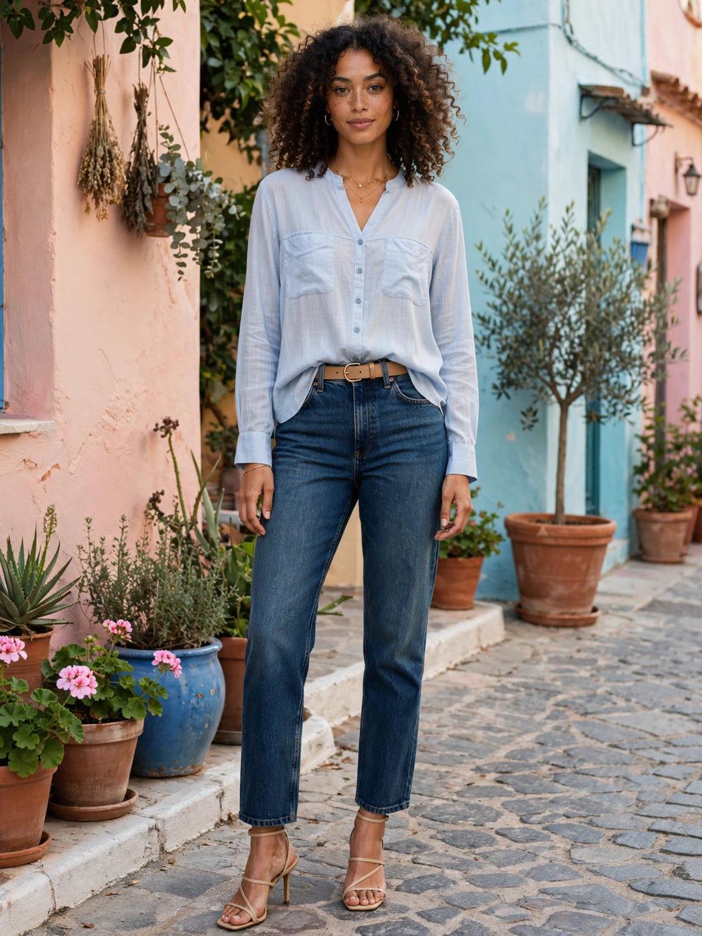 Women Light Blue Chambray Button-Up Cotton Blouse - Size XL