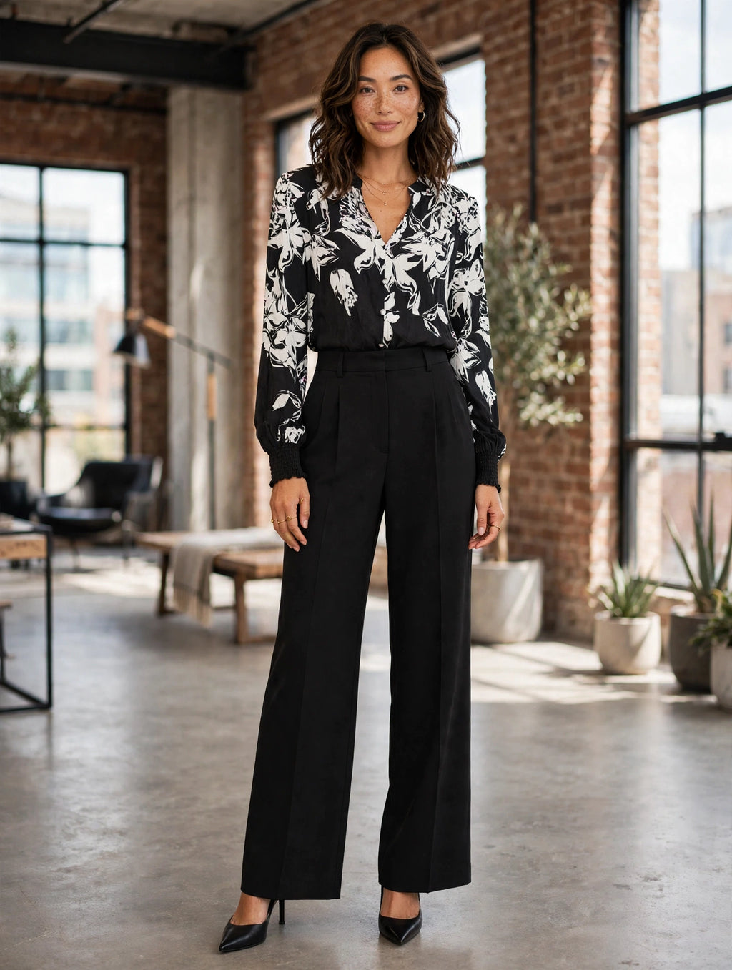 Woman Floral Black & White Botanical Print Blouse - Size Small