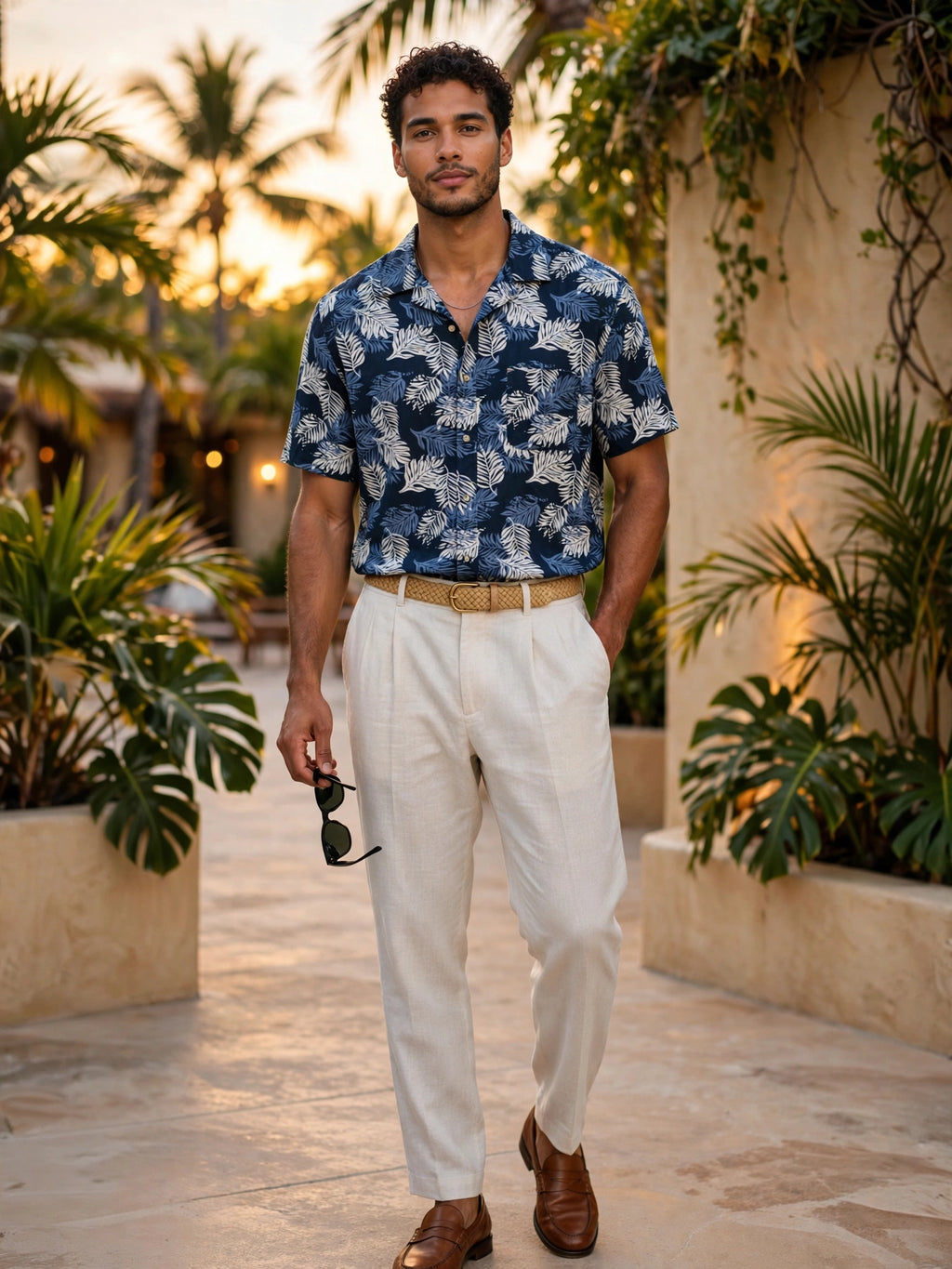 Men's Navy White Stone Harbour Tropical Leaf Print Shirt - Size 2XL