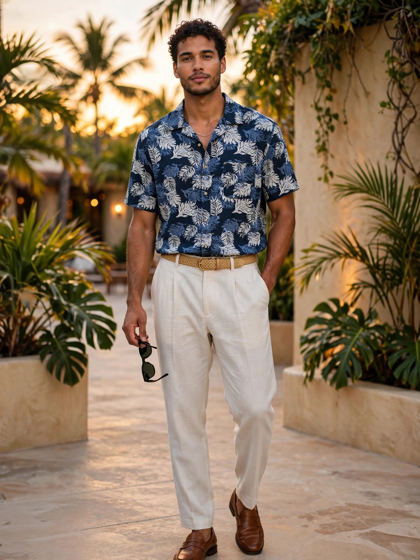 Men's Navy White Stone Harbour Tropical Leaf Print Shirt - Size 2XL