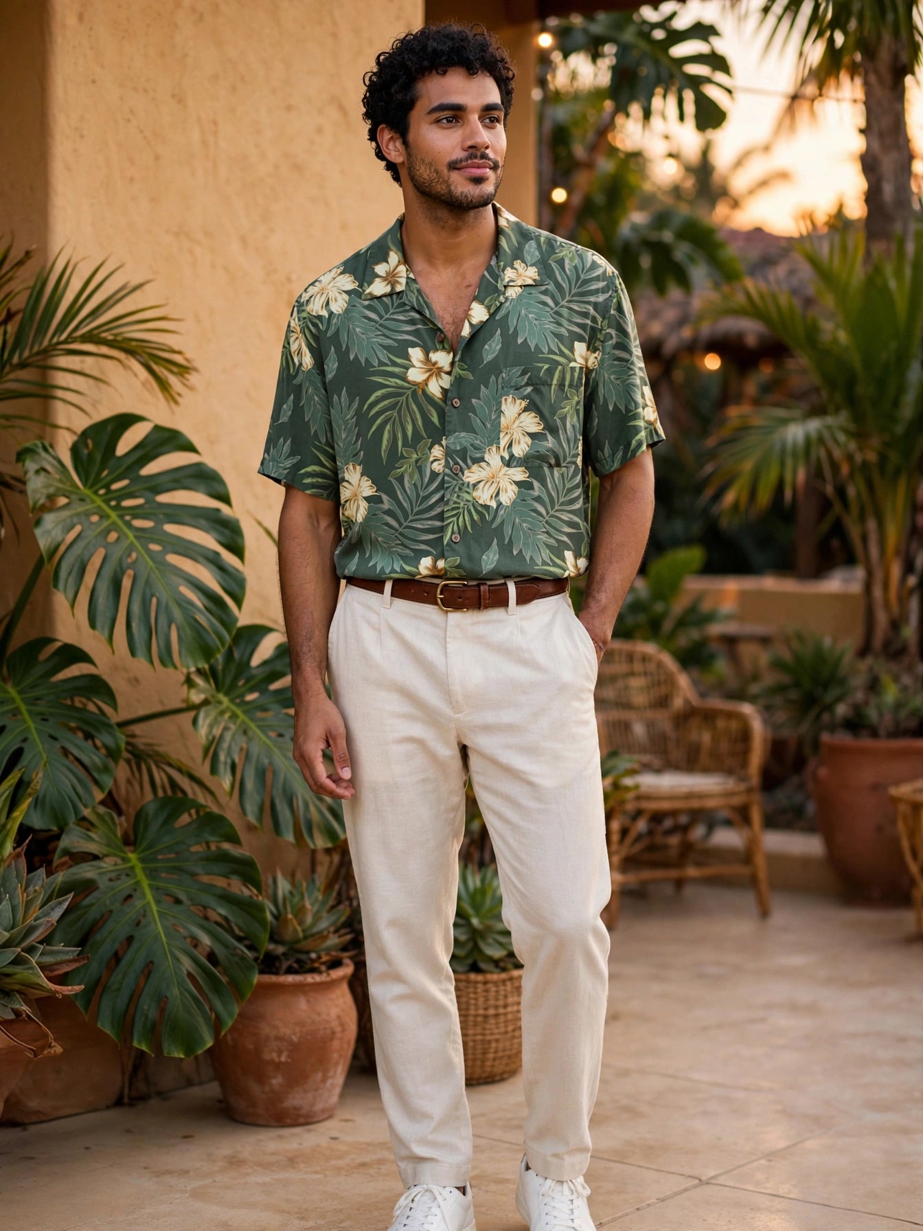 Men's Green & Gold Hibiscus Blue Harbour Tropical Silk Shirt - Size Large