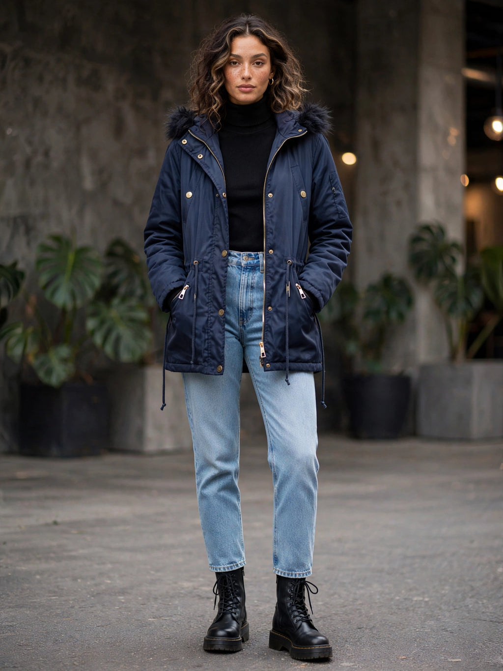 Navy Parka Exact Jacket with Faux Fur Hood - Size 36