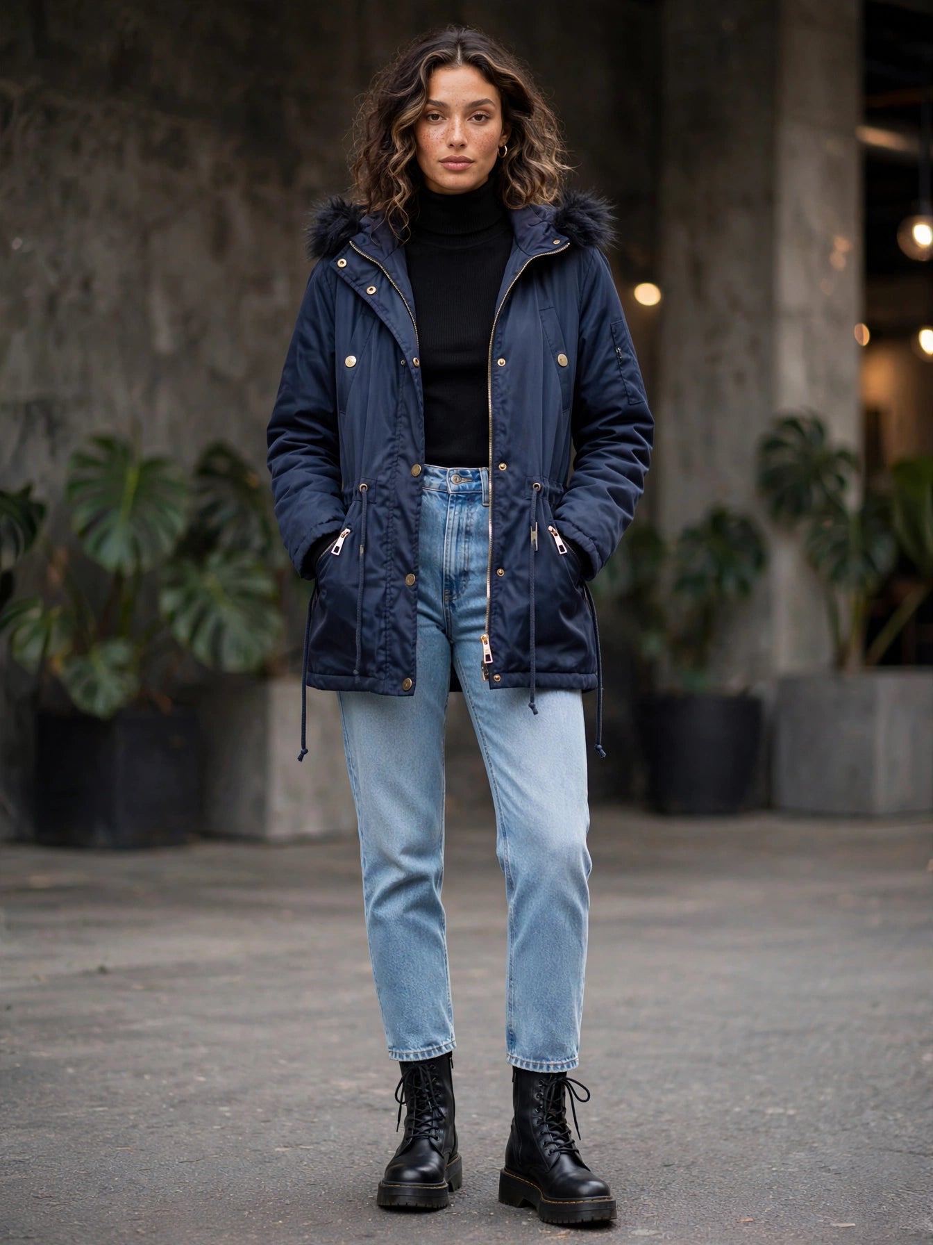 Navy Parka Exact Jacket with Faux Fur Hood - Size 36