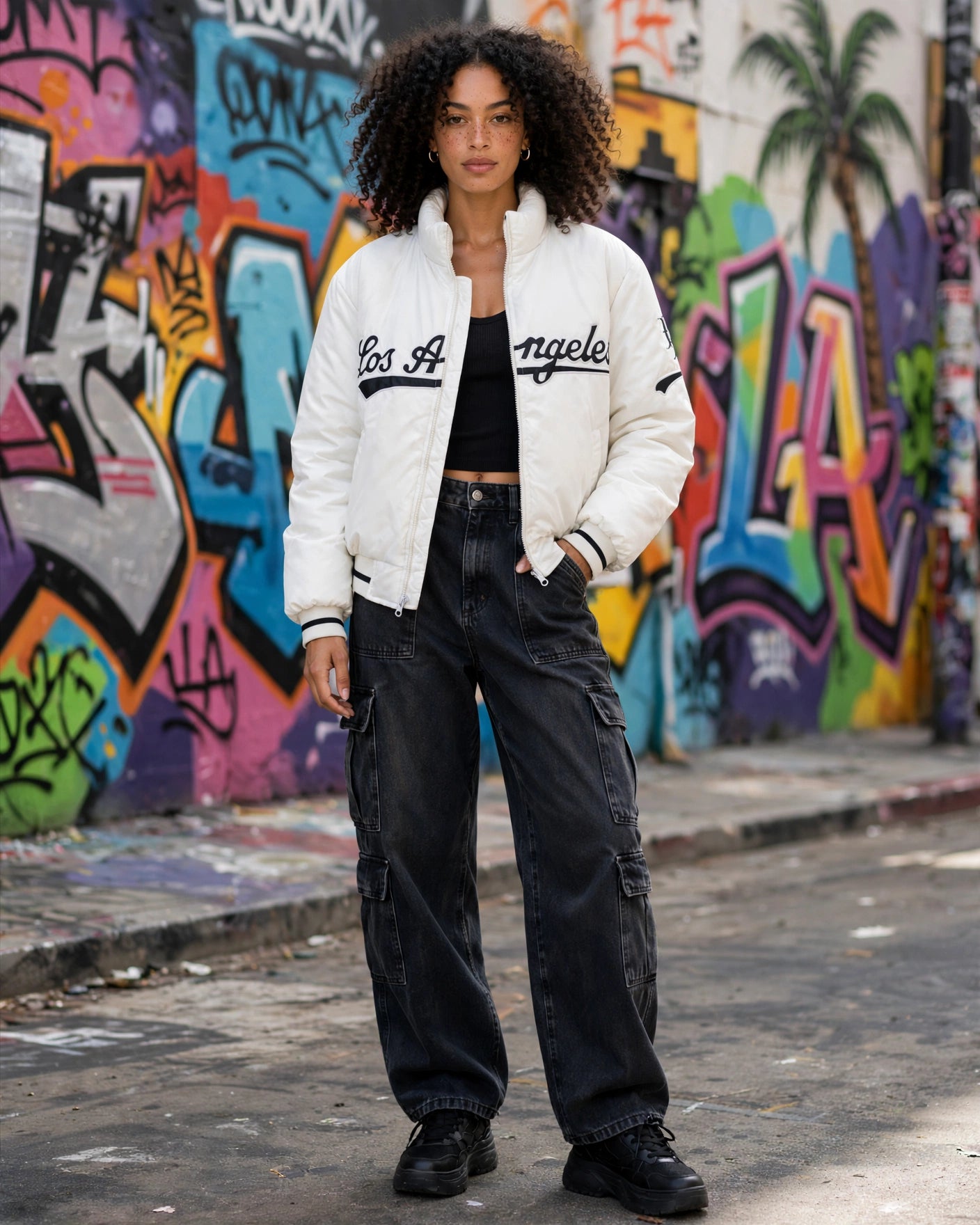 Angeles White with Black Detail Puffa Bomber Jacket - Size XL