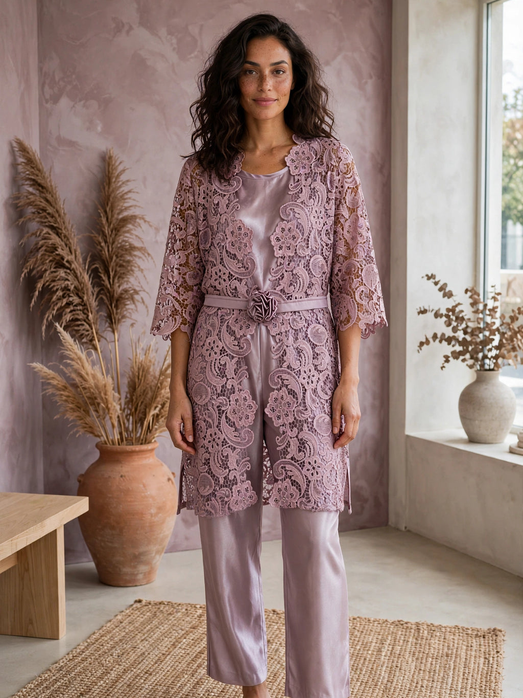 Three Piece Dusty Mauve Lace Kimono Mother of the Bride Suite - Size XL