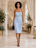 Powder Blue 2-in-1 Dress with Sheer Overlay & Black Piping - Size Medium