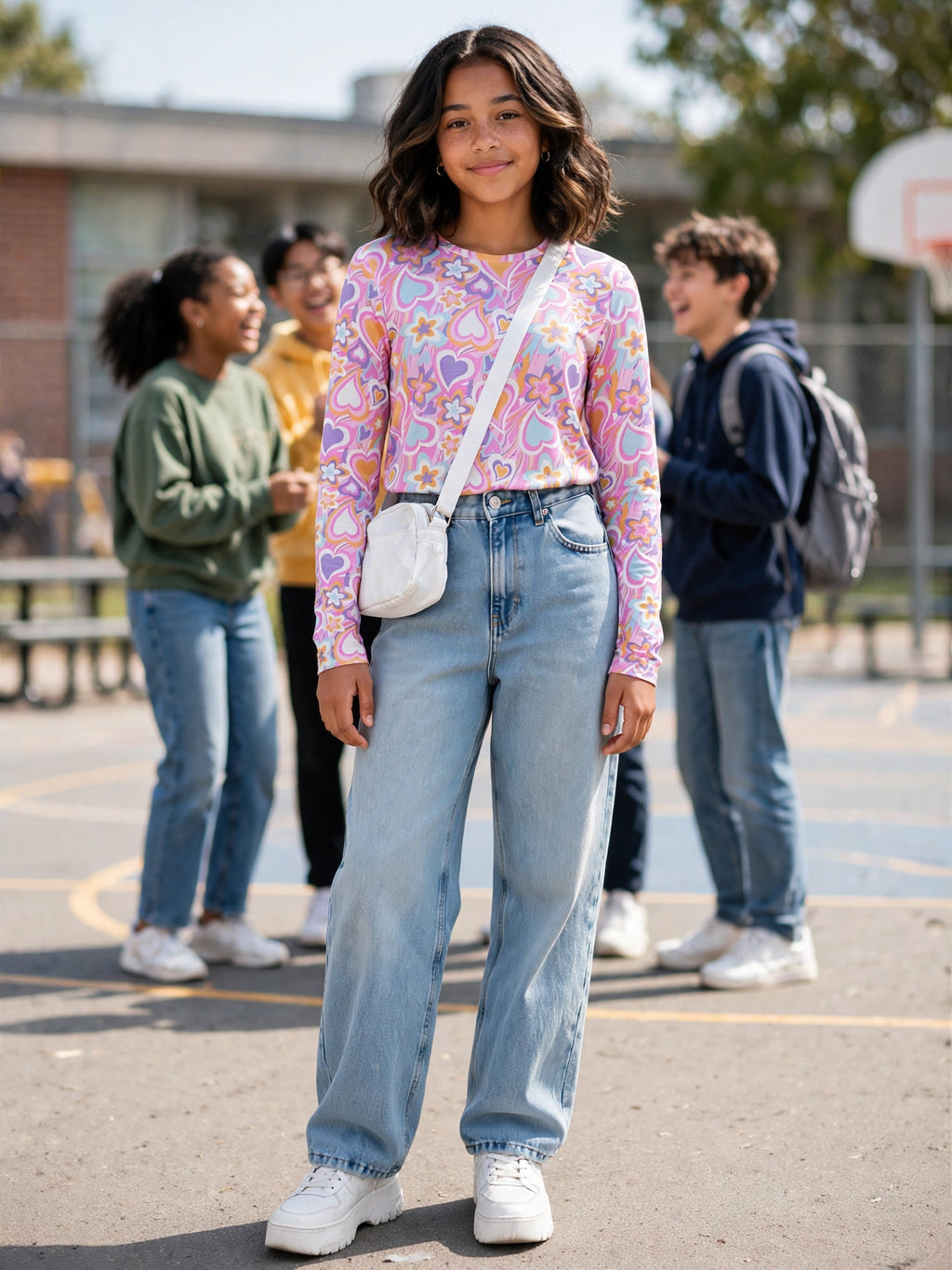 Girls Retro Hearts Long Sleeve Shirt - Size 13-14 Years