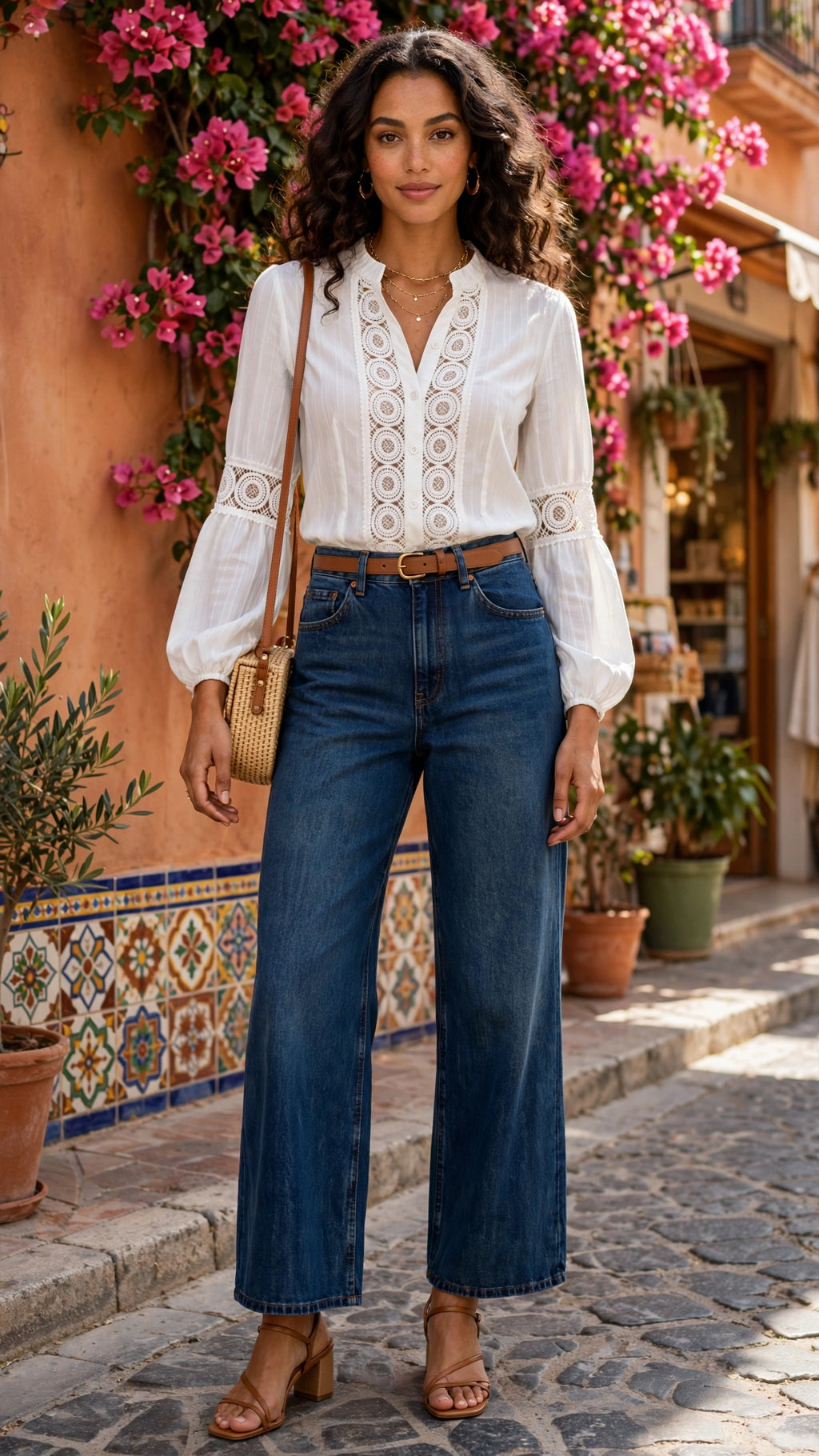 White Broderie Eyelet Balloon Sleeve Blouse - Size Medium