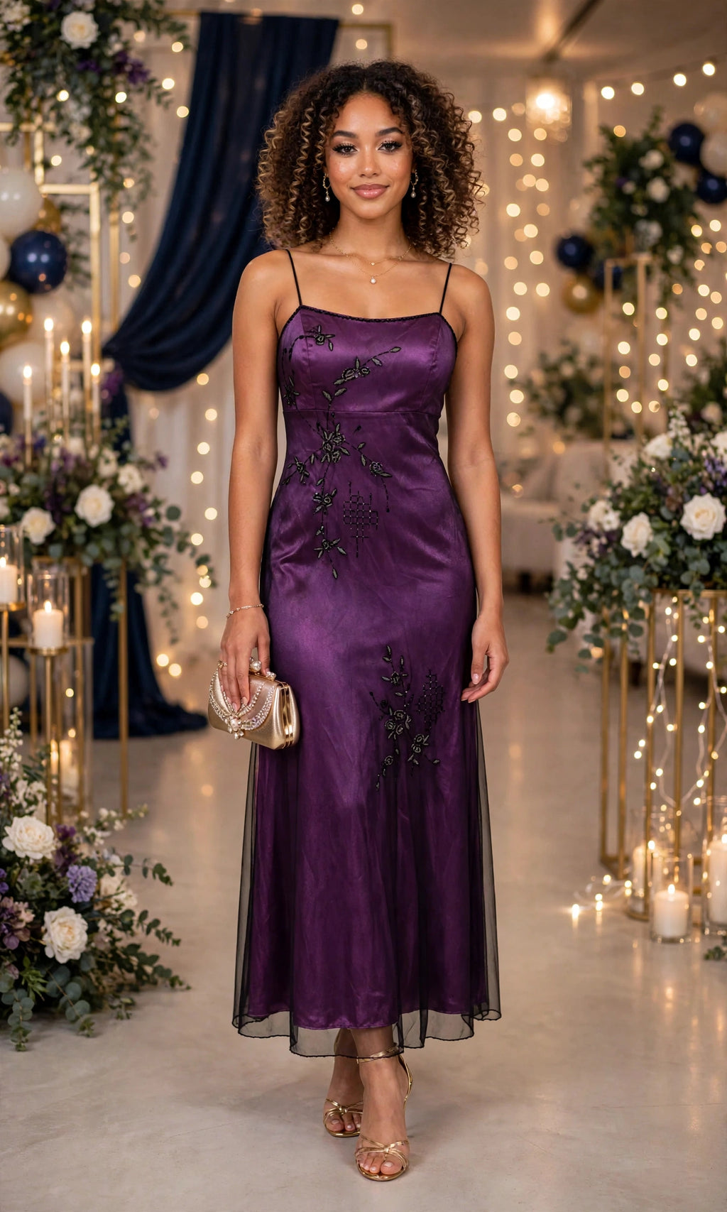 Purple Satin Embroidered Evening Gown - Size 38