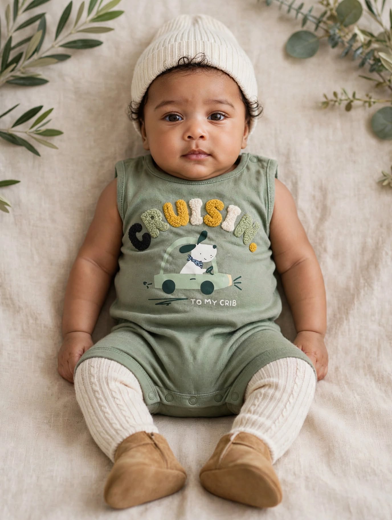 Woolies Babies Sage Green 'Cruisin' To My Crib' Shortie Babygrow - Size 3 to 6 Months