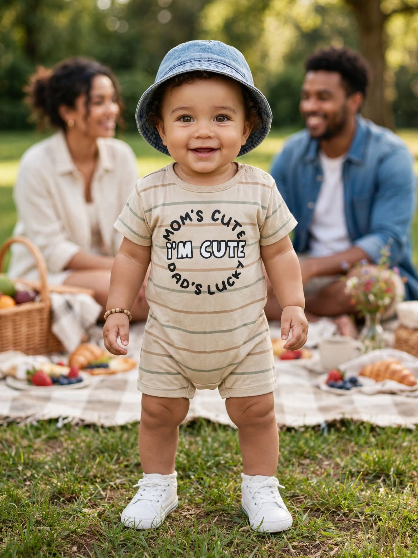 Woolies Baby "Mom's Cute I'm Cute Dad's Lucky" Striped Romper - Size 6 to 12 Months