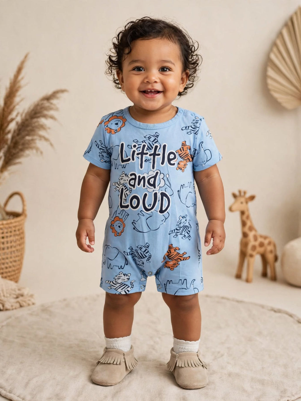 Ackermans Baby Boys Little and Loud Blue Animal Print Babygrow - Size 6 to 12 Months