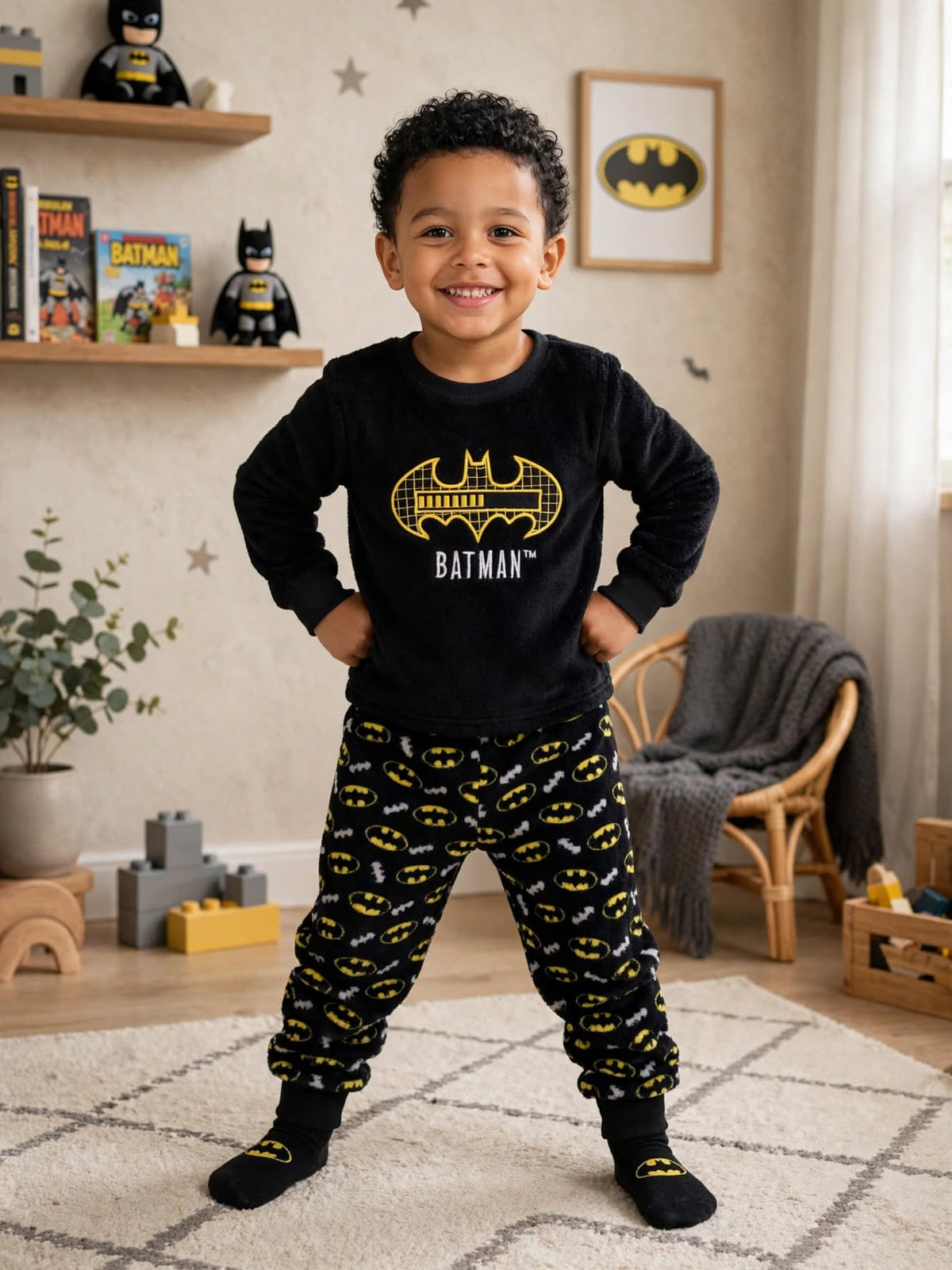 DC Batman Black & Yellow "LOADING" Boys Fleece Pajama Set - Size 4 to 5 Years