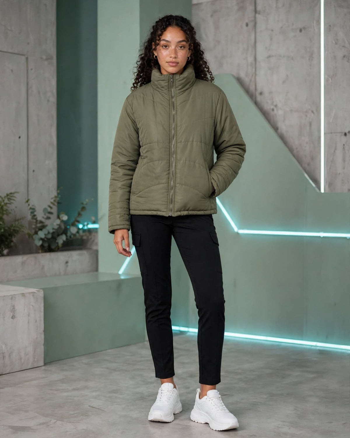 Jet Casuals Olive Green Quilted Puffer Jacket - Size 14