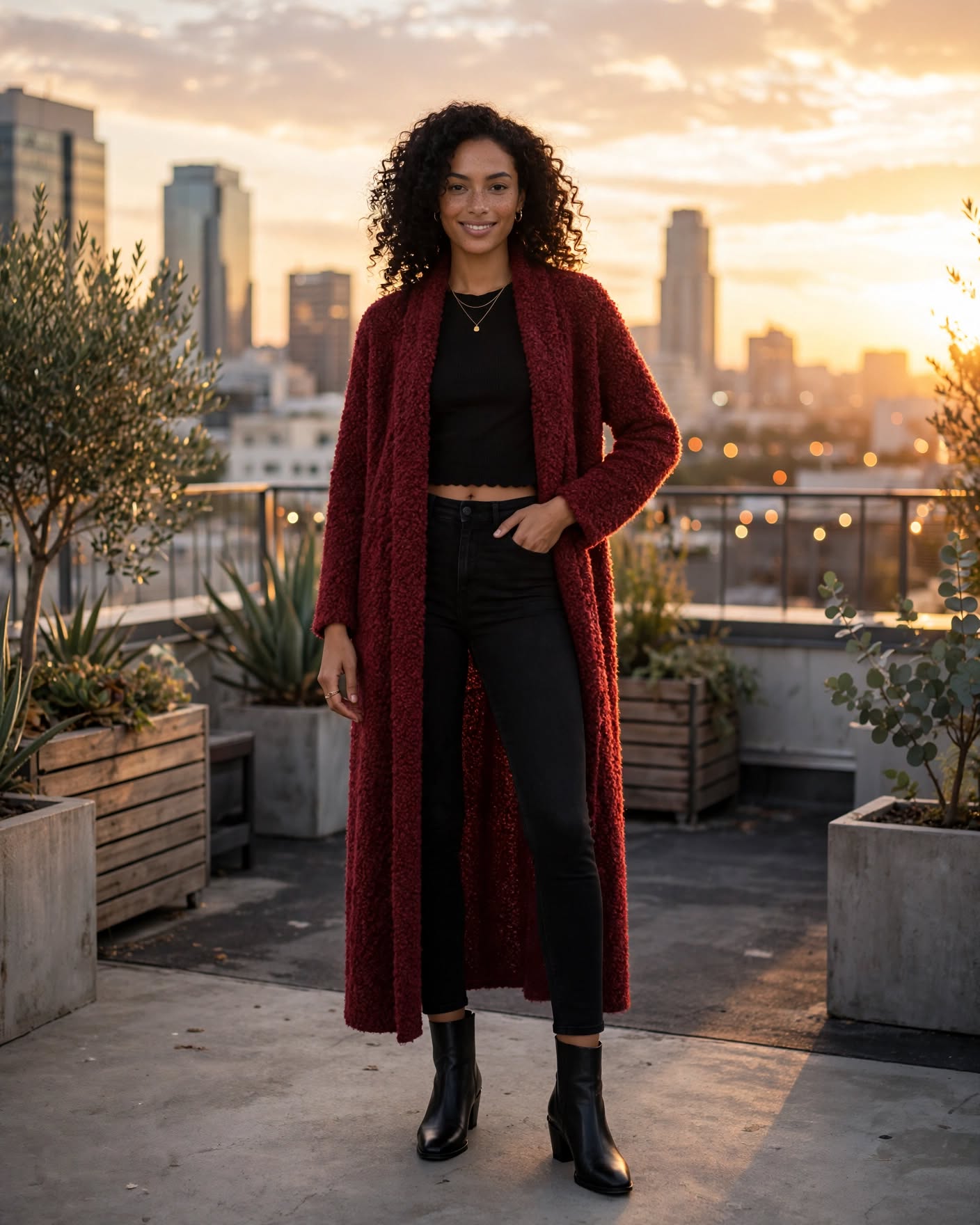 Burgundy Long Bouclé Teddy Duster Cardigan - Size L