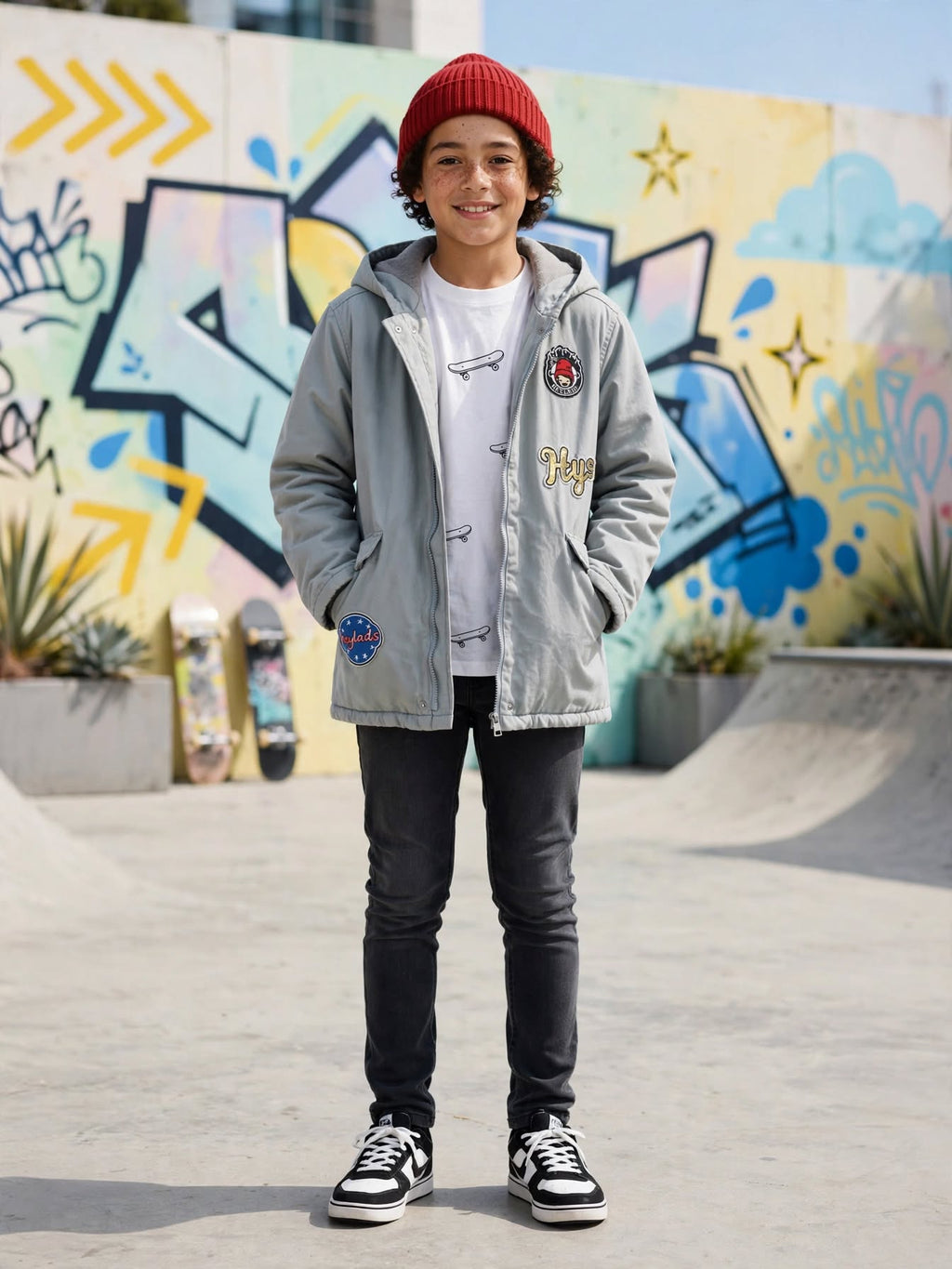 Hey Lads Grey Hooded Parka Jacket with Patches - Size 11-12 Years