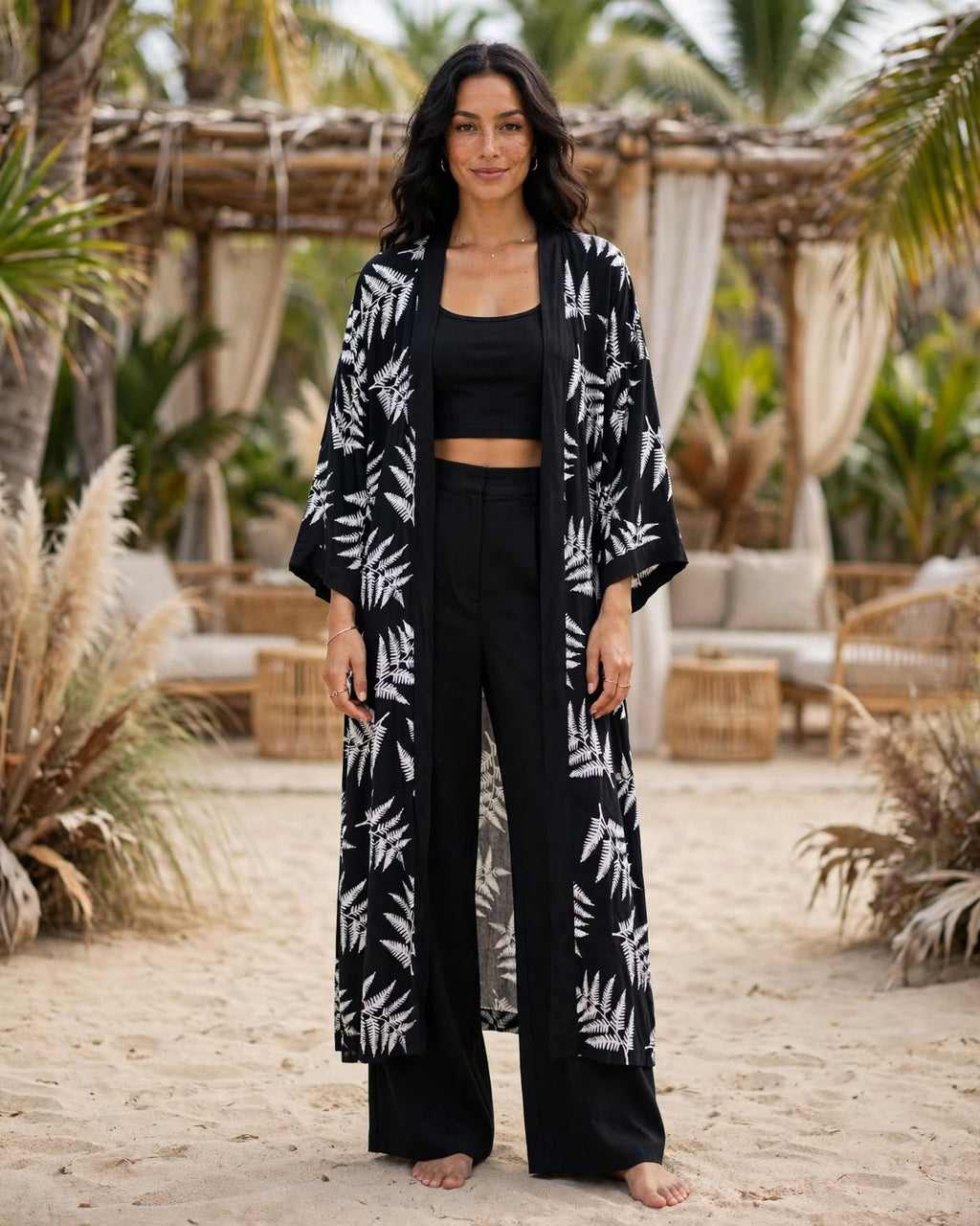 Botanical Black & White Fern Kimono
