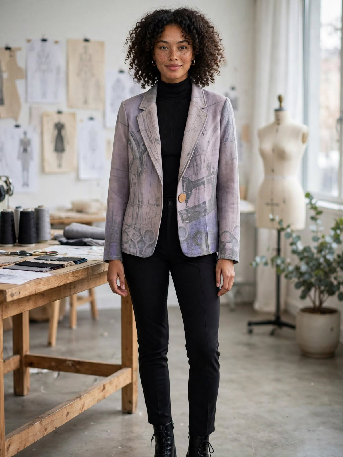 Vintage The Atelier Art Sewing Print Fitted Blazer Jacket - Size 8