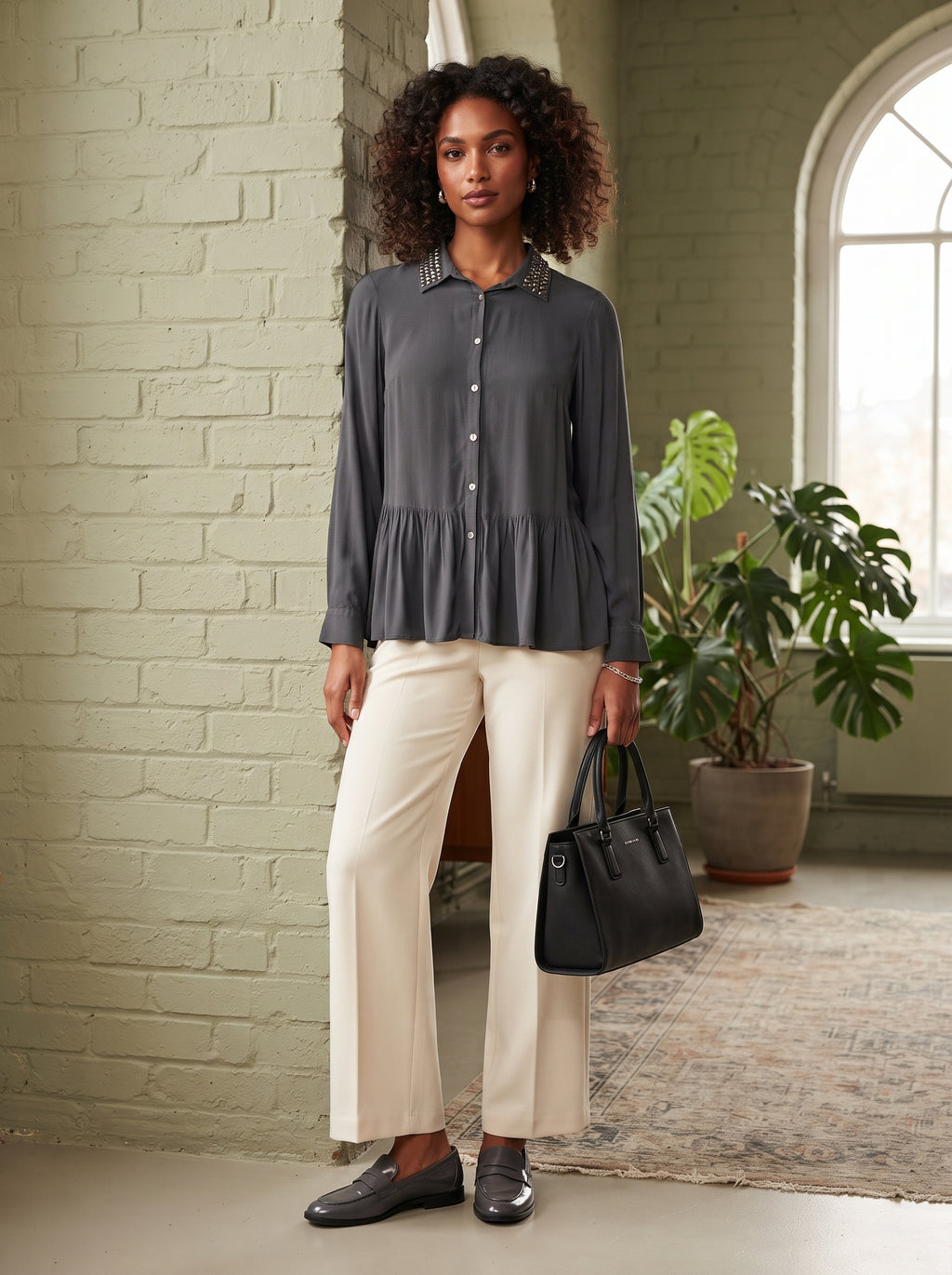 Studio W Charcoal Grey Embellished Collar Ruffle Hem Blouse - Size 10/34