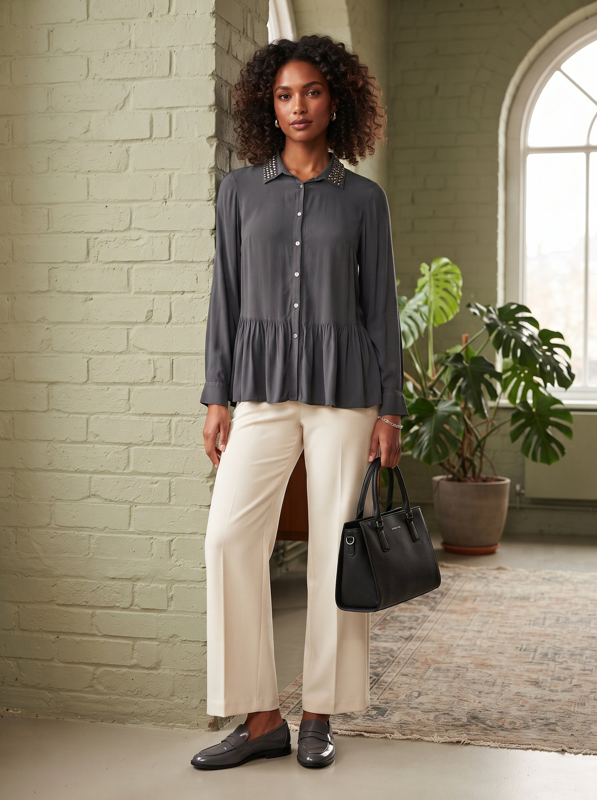 Studio W Charcoal Grey Embellished Collar Ruffle Hem Blouse - Size 10/34