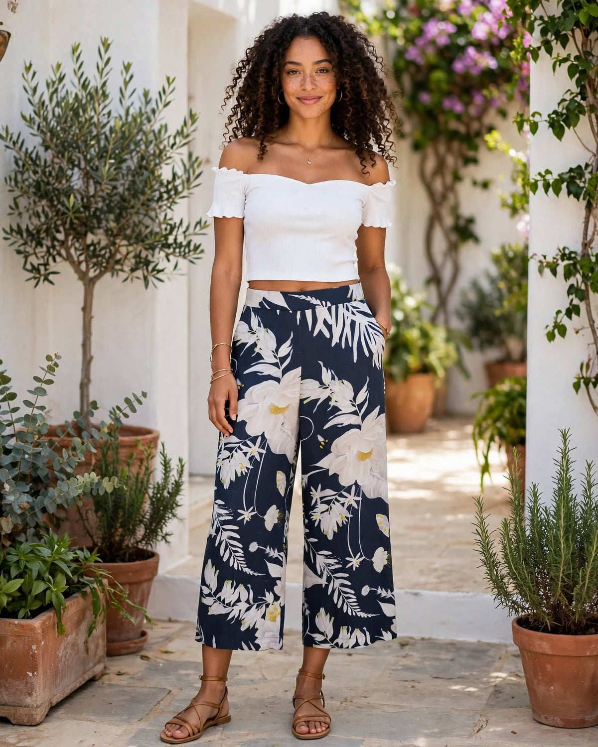 H&M Wide-Leg Navy & White Botanical Bee Floral Culottes - Size 36