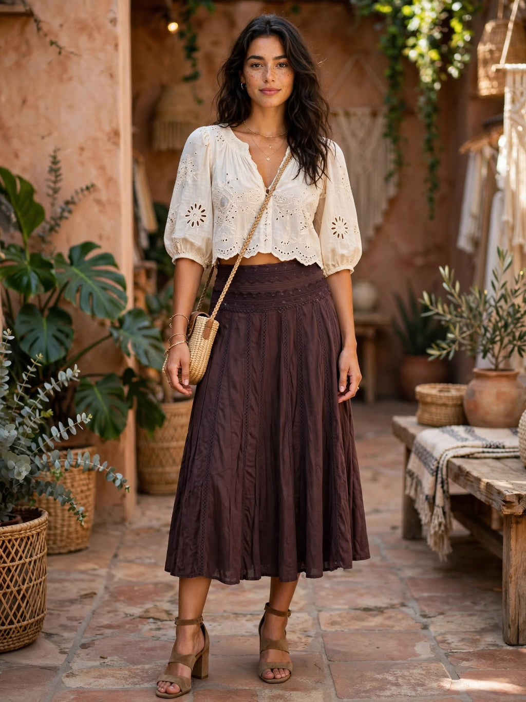Boho Espresso Brown Lace Yoke Midi Skirt - Size 8