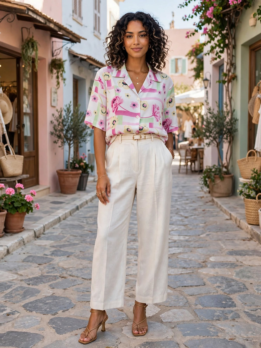Pink & Sage Green Geometric Floral Print Park Avenue Floral Blouse - Size 10