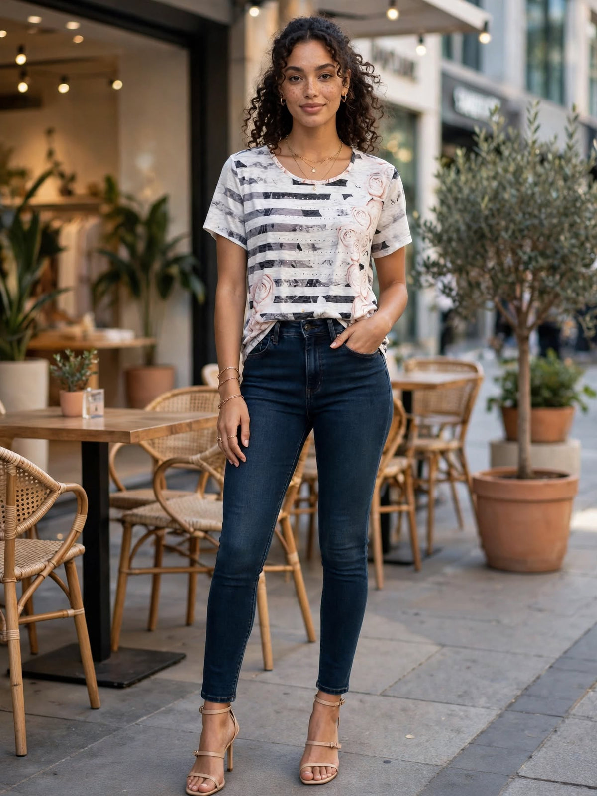 Miladys White & Black Stripe with Pink Floral Blouse - Size Medium