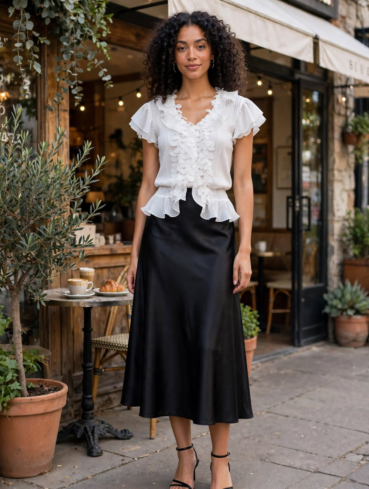 White Pleated Petal Ruffle Flutter Sleeve Blouse - Size Small